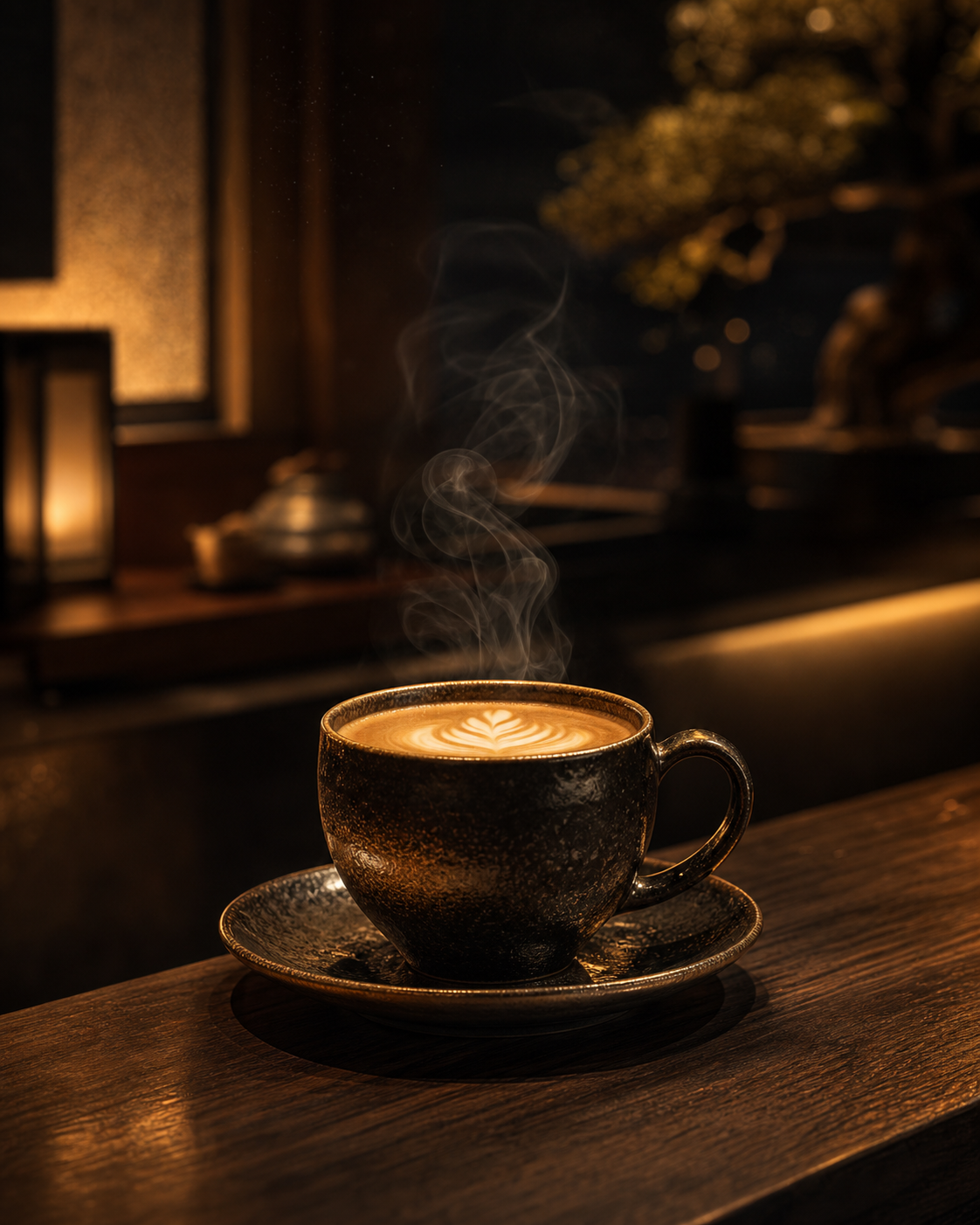 Signature coffee trong ly gom voi khoi nong